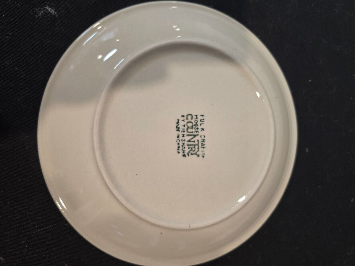 3 Tienshan Folk Craft Moose Country 7 3/4" Salad Plates Forest Green StoneWare