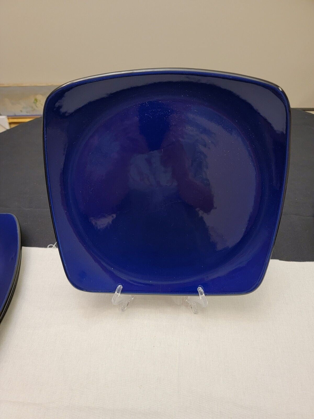 4 CORELLE HEARTHSTONE Stoneware Dinner Plates Cobalt Blue Black Square