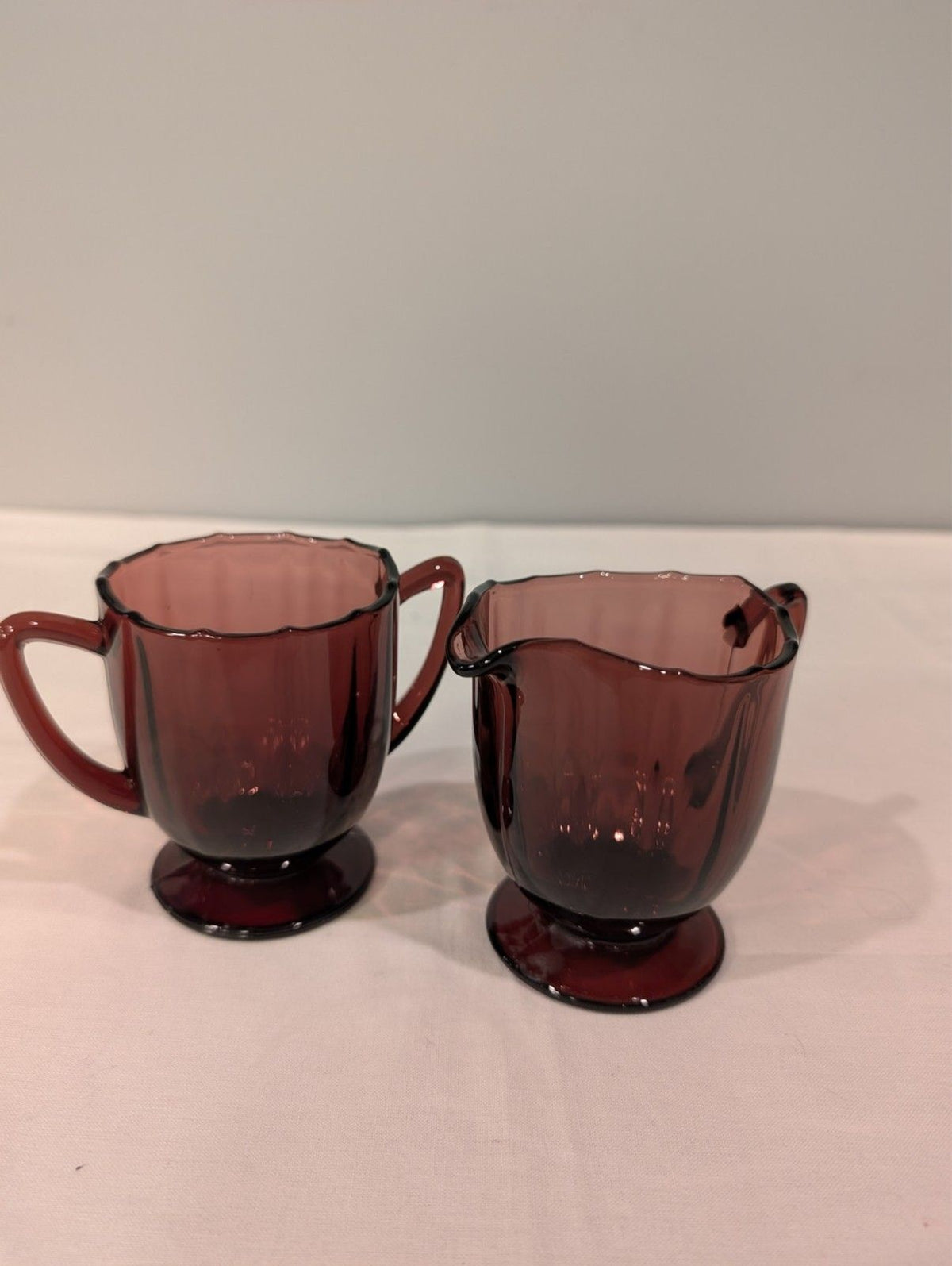 Vintage Amethyst Glass Sugar & Creamer Set — Scalloped Rim — Pedestal Base — MCM