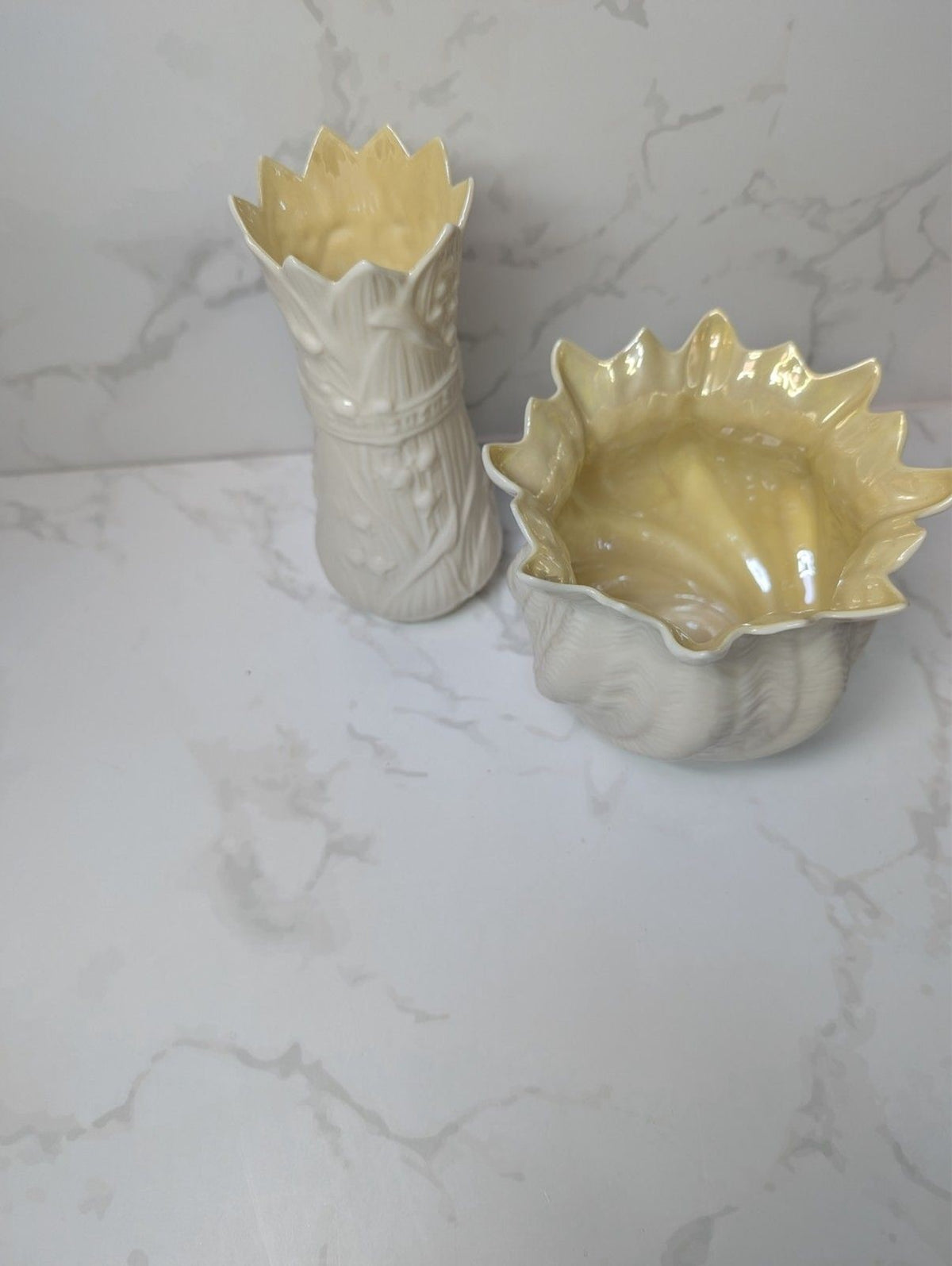 Belleek Ireland Lily of the Valley Vase & Neptune Shell Cachepot Planter Lot