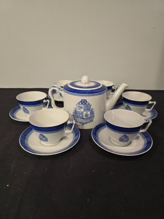 Copeland Spode England Cobalt Blue Tea Set – Custom Crest – Tilden Thurber 6 Pc