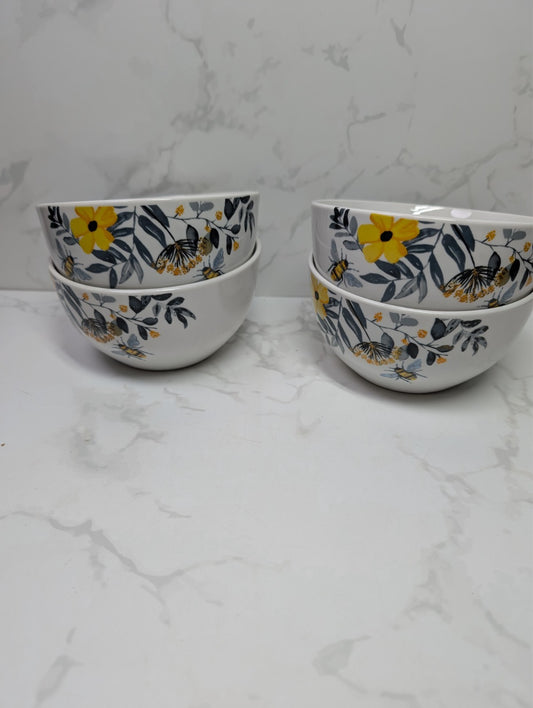 Royal Norfolk Bee Floral Cereal Bowls Set of 4 New Yellow Flowers 5.5"