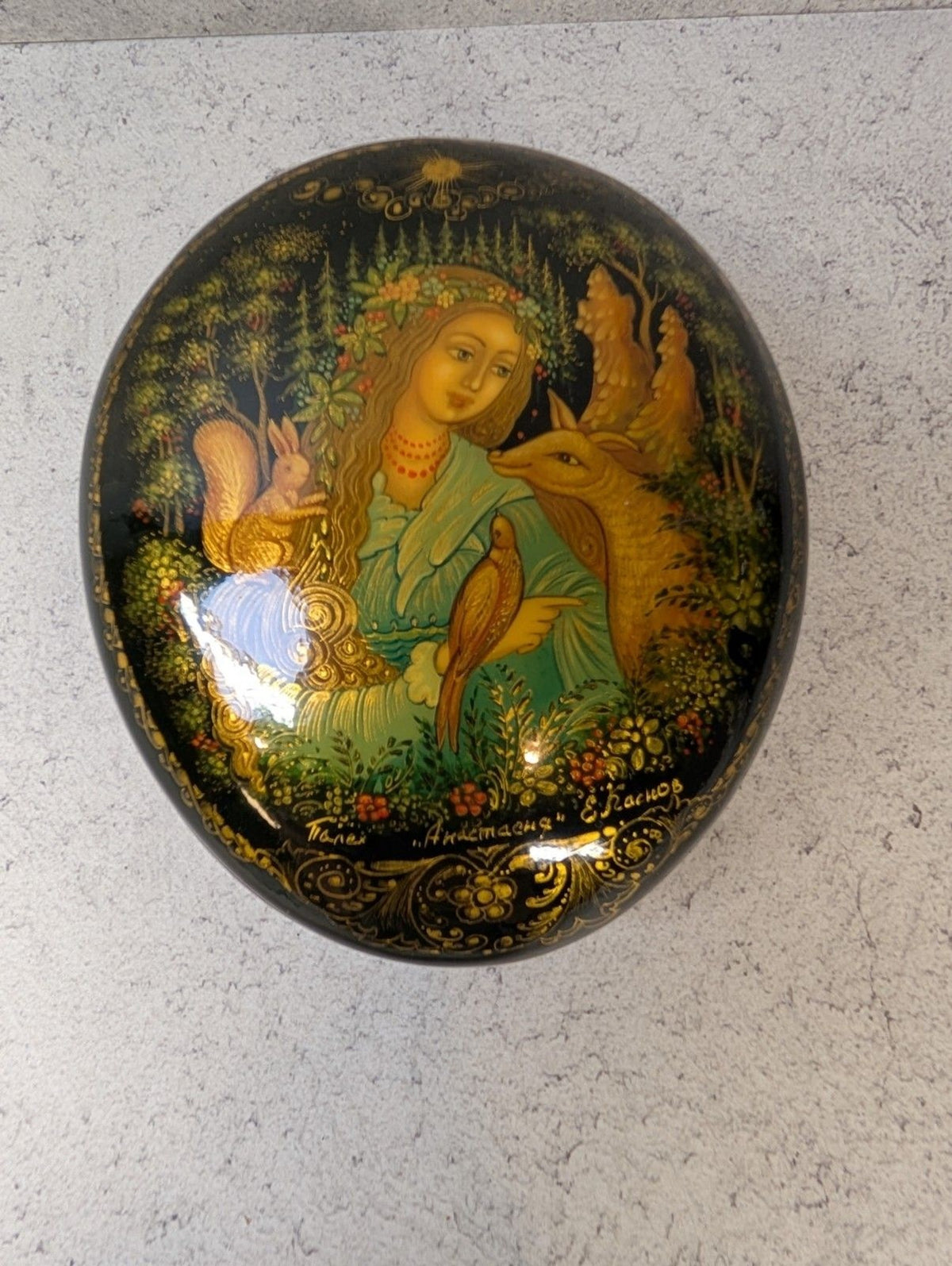 Signed Palekh Russian Lacquer Box – “Anastasia” Forest Maiden Scene Hand-Painted
