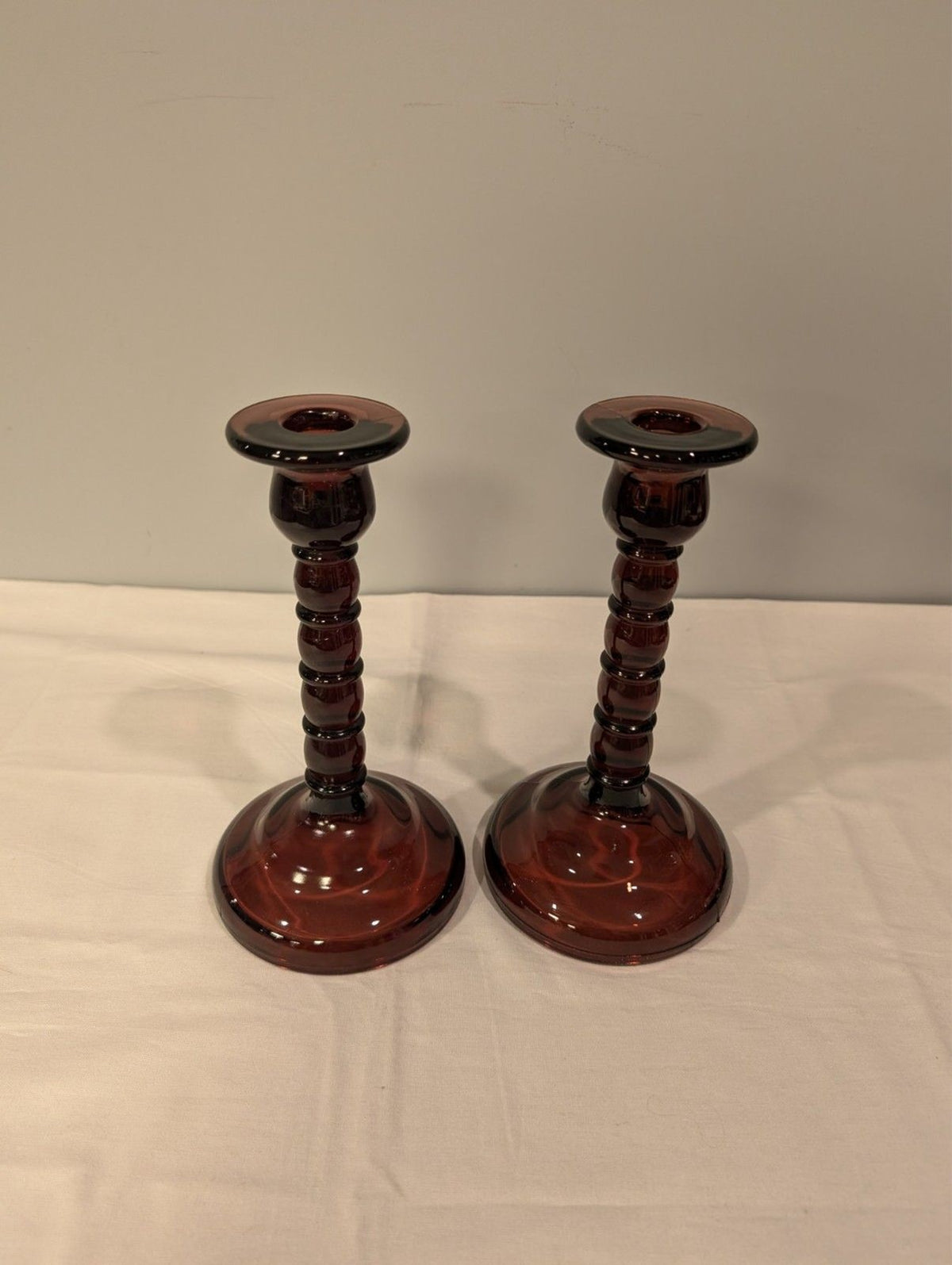 Vintage Amethyst Glass Candlesticks — 8" Taper Holders — Stacked Ball Stem  Pair