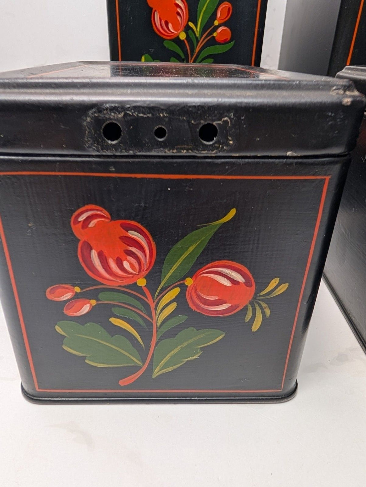 Vintage Ransburg Hand Painted Hinged Lid Metal Canister Set 4 Pc Black Floral