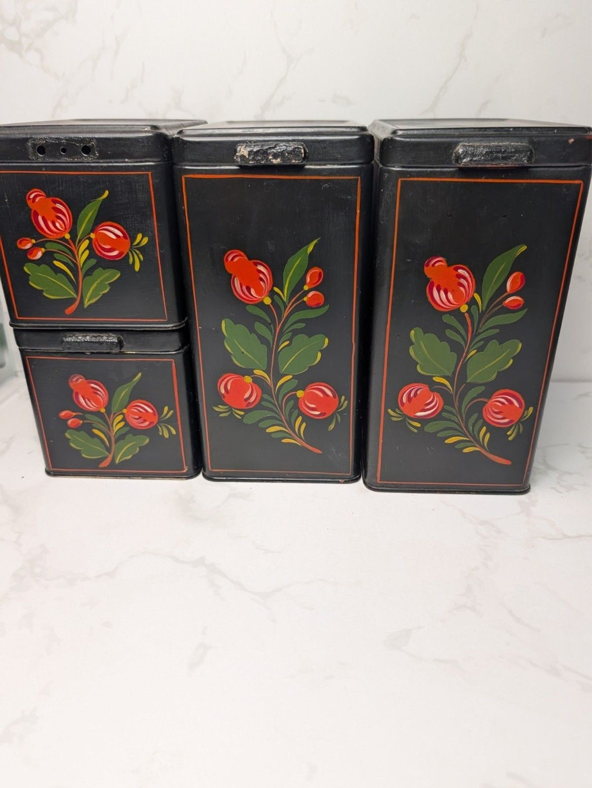 Vintage Ransburg Hand Painted Hinged Lid Metal Canister Set 4 Pc Black Floral