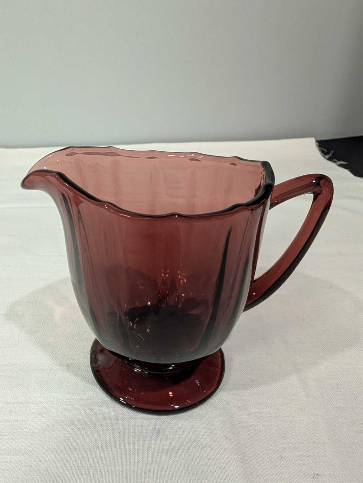 Vintage Amethyst Glass Sugar & Creamer Set — Scalloped Rim — Pedestal Base — MCM
