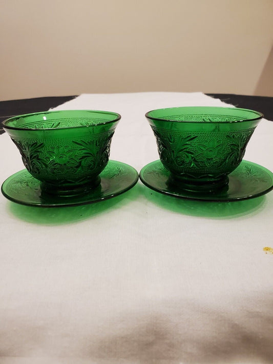 Anchor Hocking Forest Green Sandwich Glass 2 Sets Berry Bowl Custard Cup Plate