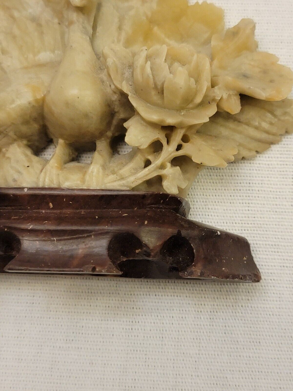 Vintage Chinese Intricate Carved Peacock an Flower  Soapstone Figurine