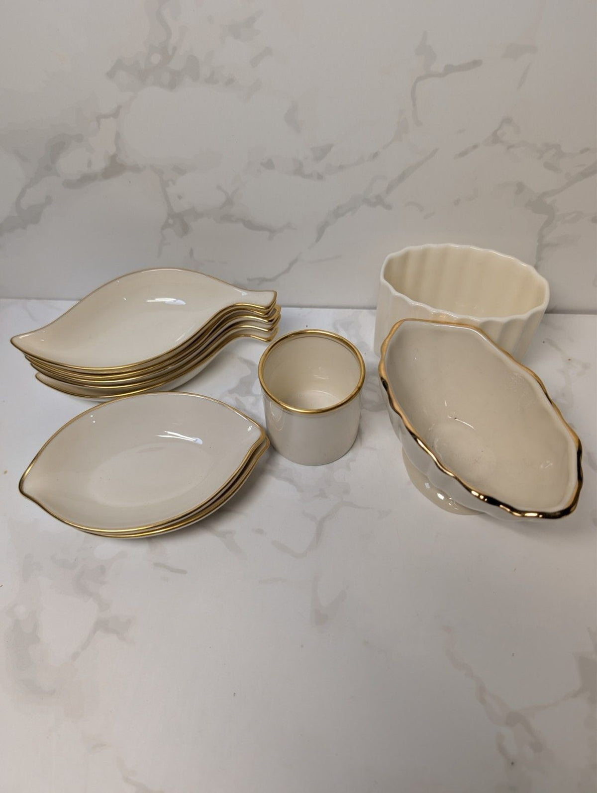 Lenox Ivory Gold Trim Lot Leaf Dishes Vase Bowl Planter Set