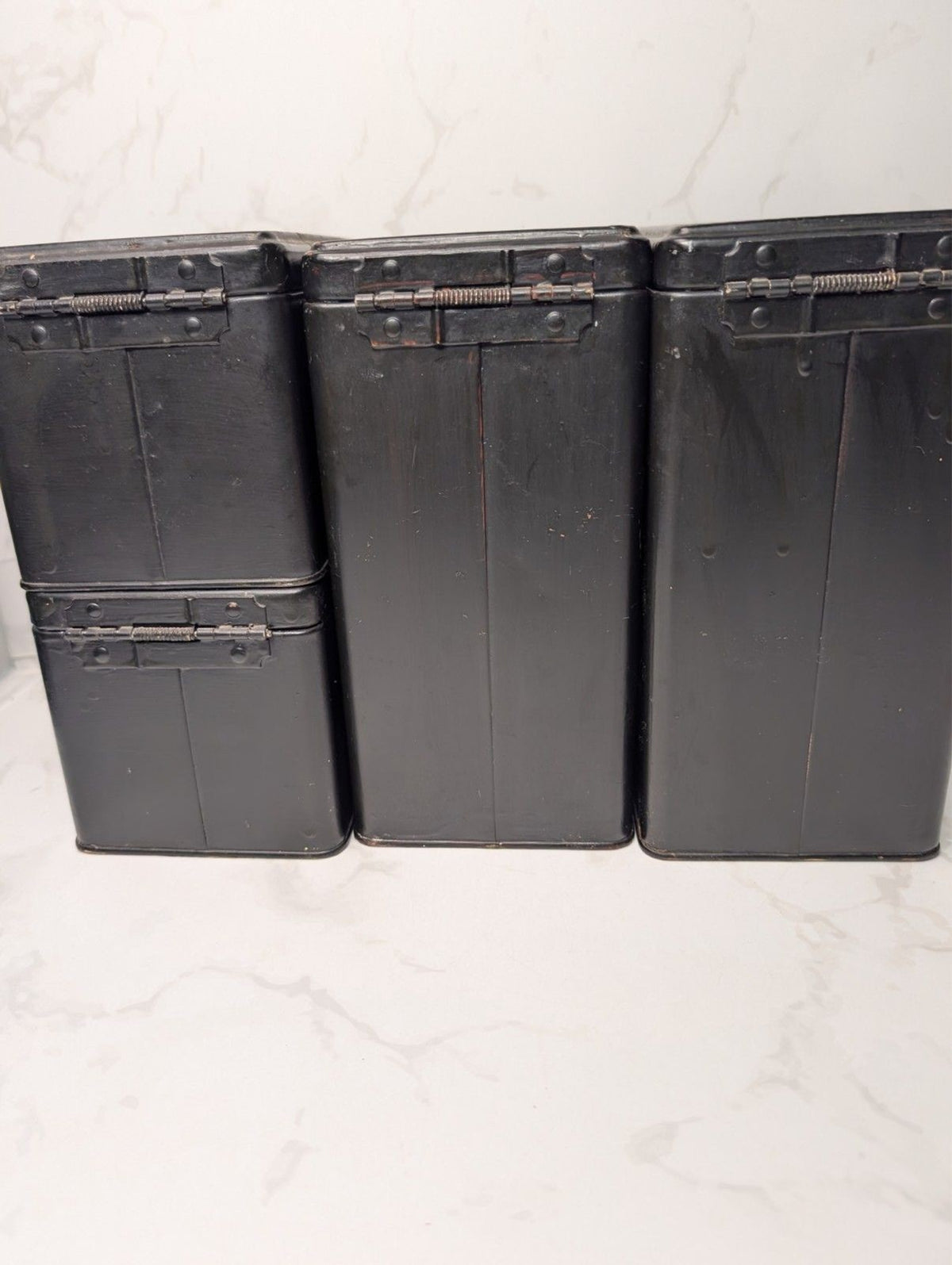 Vintage Ransburg Hand Painted Hinged Lid Metal Canister Set 4 Pc Black Floral
