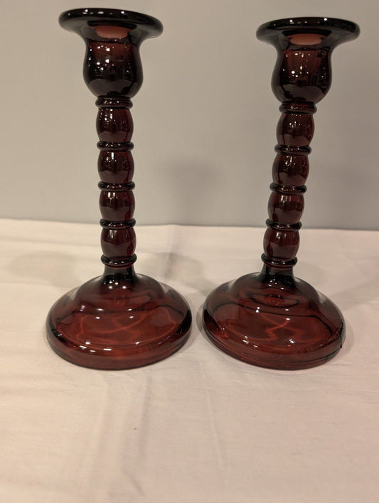 Vintage Amethyst Glass Candlesticks — 8" Taper Holders — Stacked Ball Stem  Pair