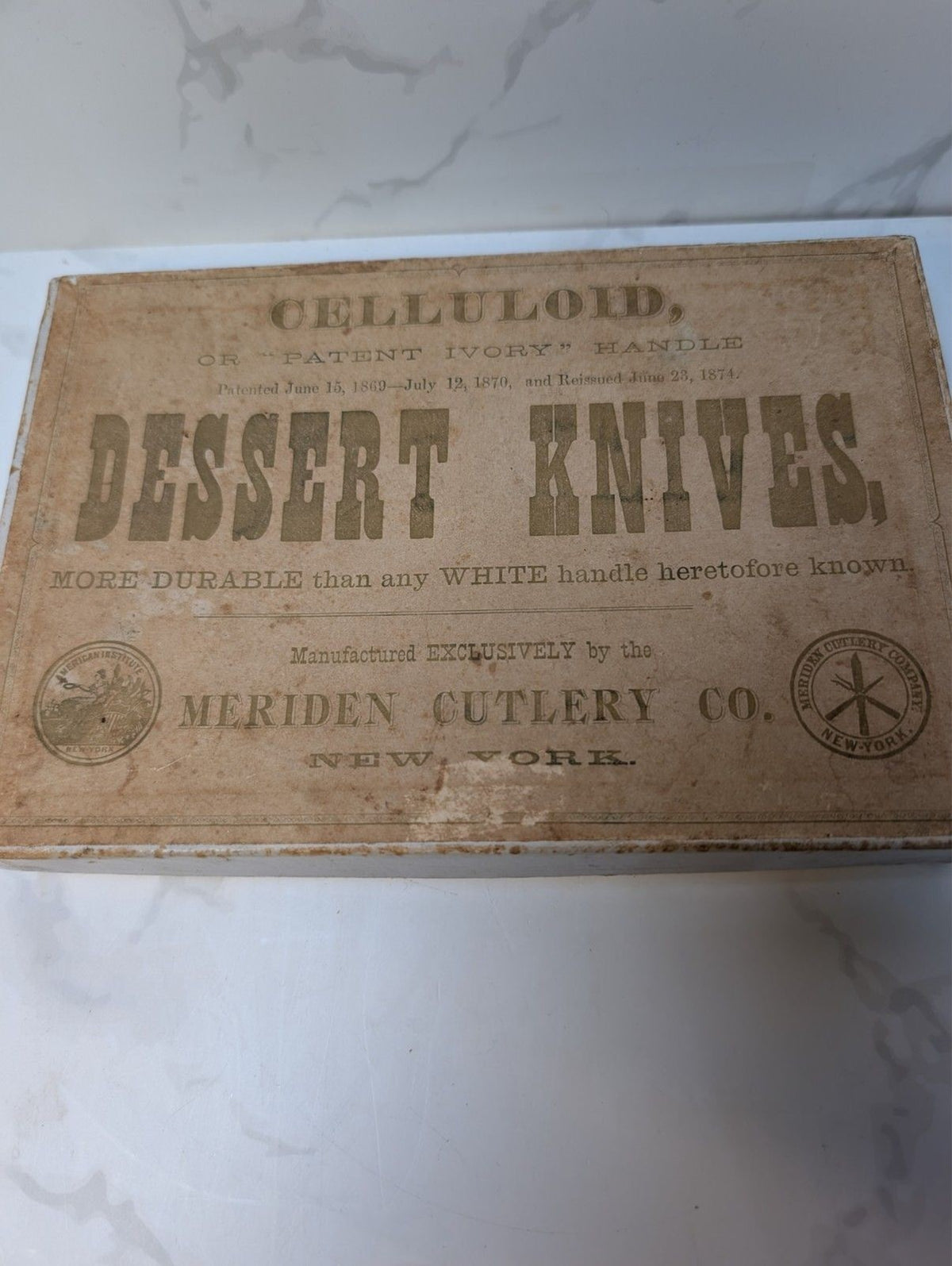 Antique Meriden Cutlery Celluloid Patent Ivory Dessert Knives Boxed 12