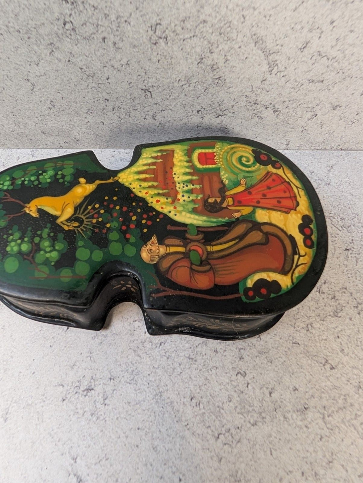 Vintage Hand-Painted Russian Lacquer Box Violin Shape Folk Tale Scene