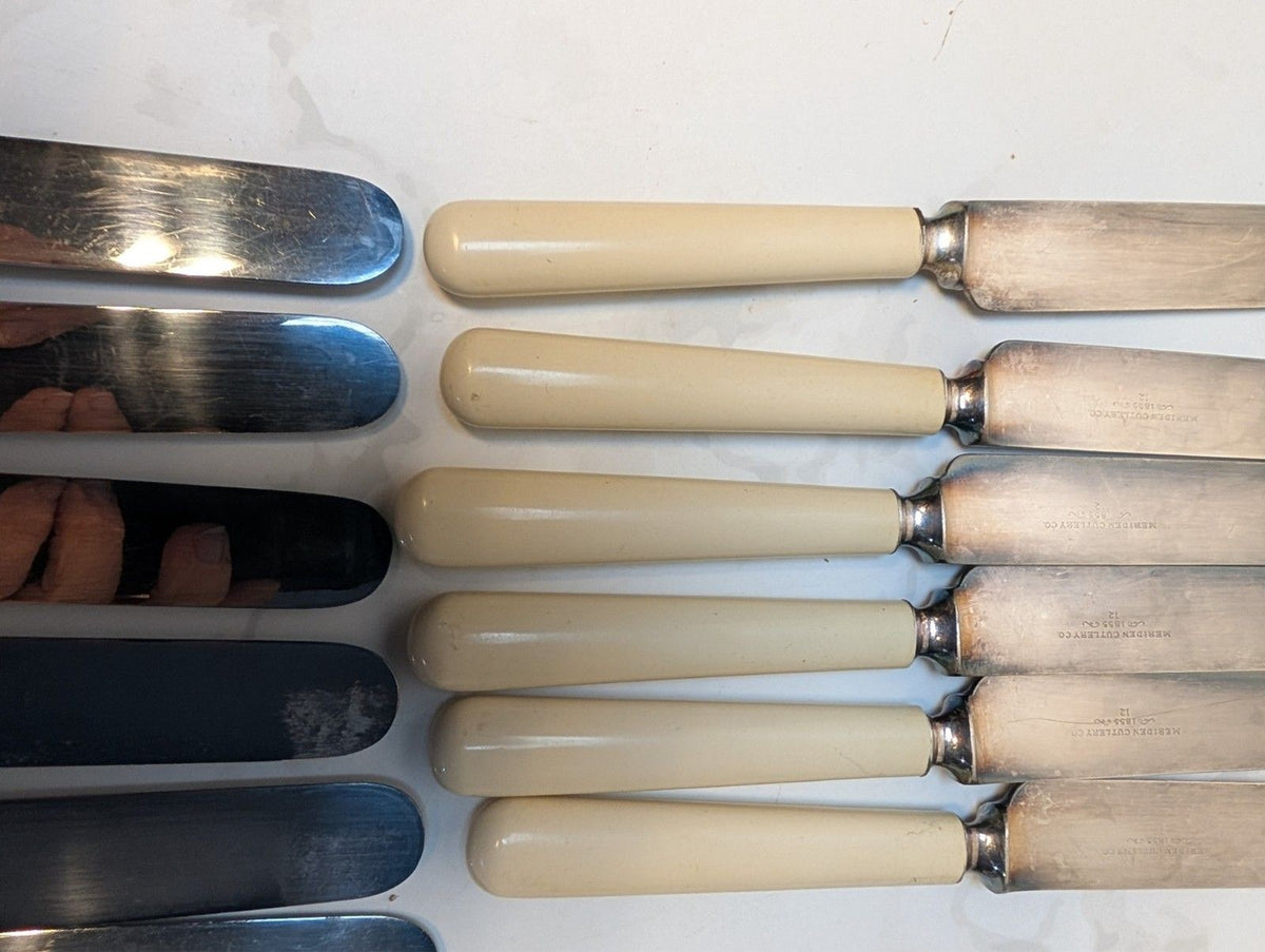 Antique Meriden Cutlery Celluloid Patent Ivory Dessert Knives Boxed 12