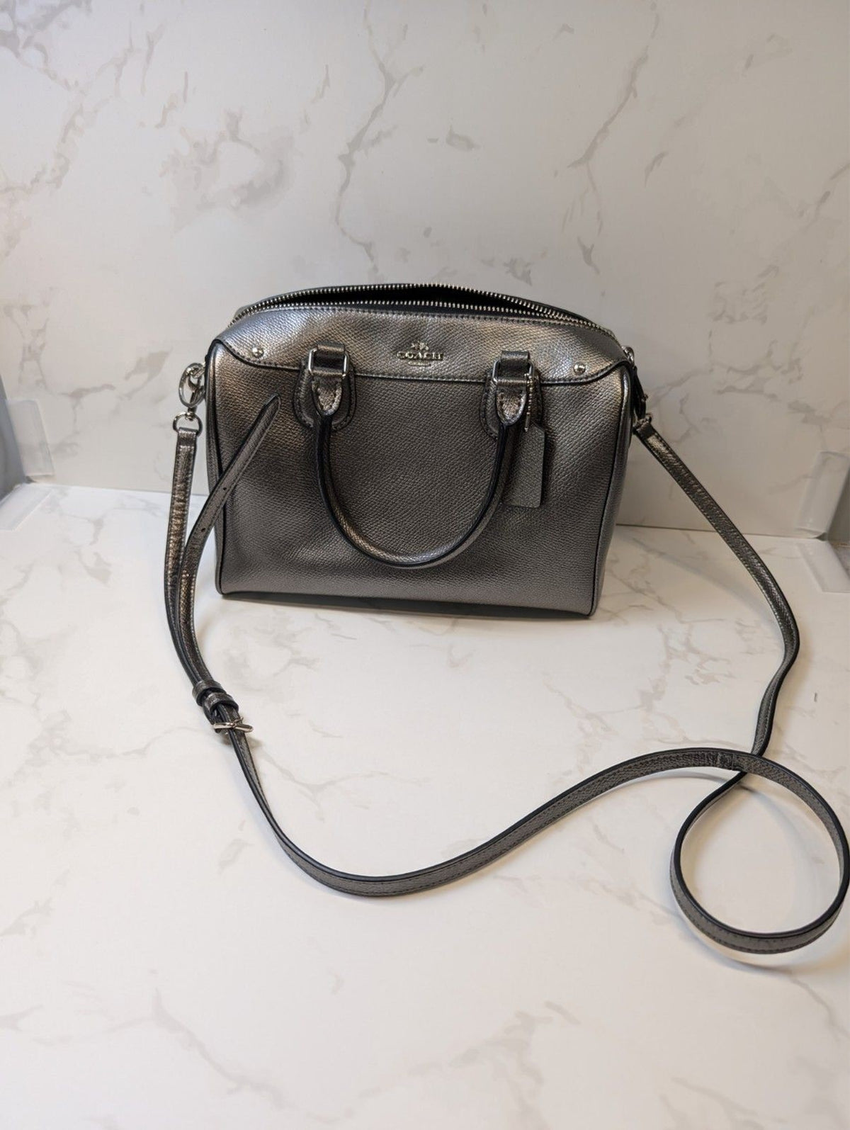 Coach Bennett Satchel / Purse — Metallic Gunmetal Leather 2 Way