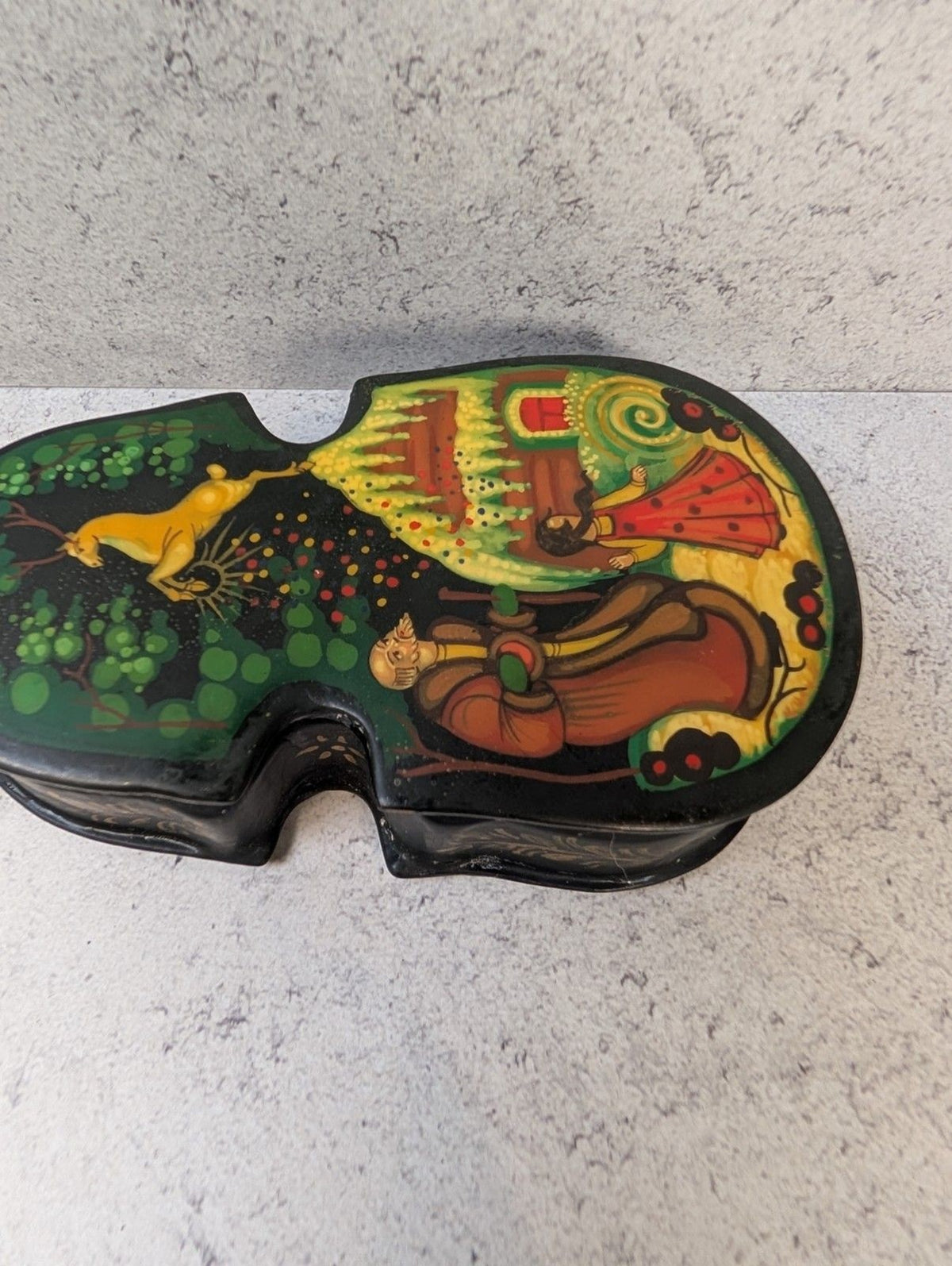Vintage Hand-Painted Russian Lacquer Box Violin Shape Folk Tale Scene