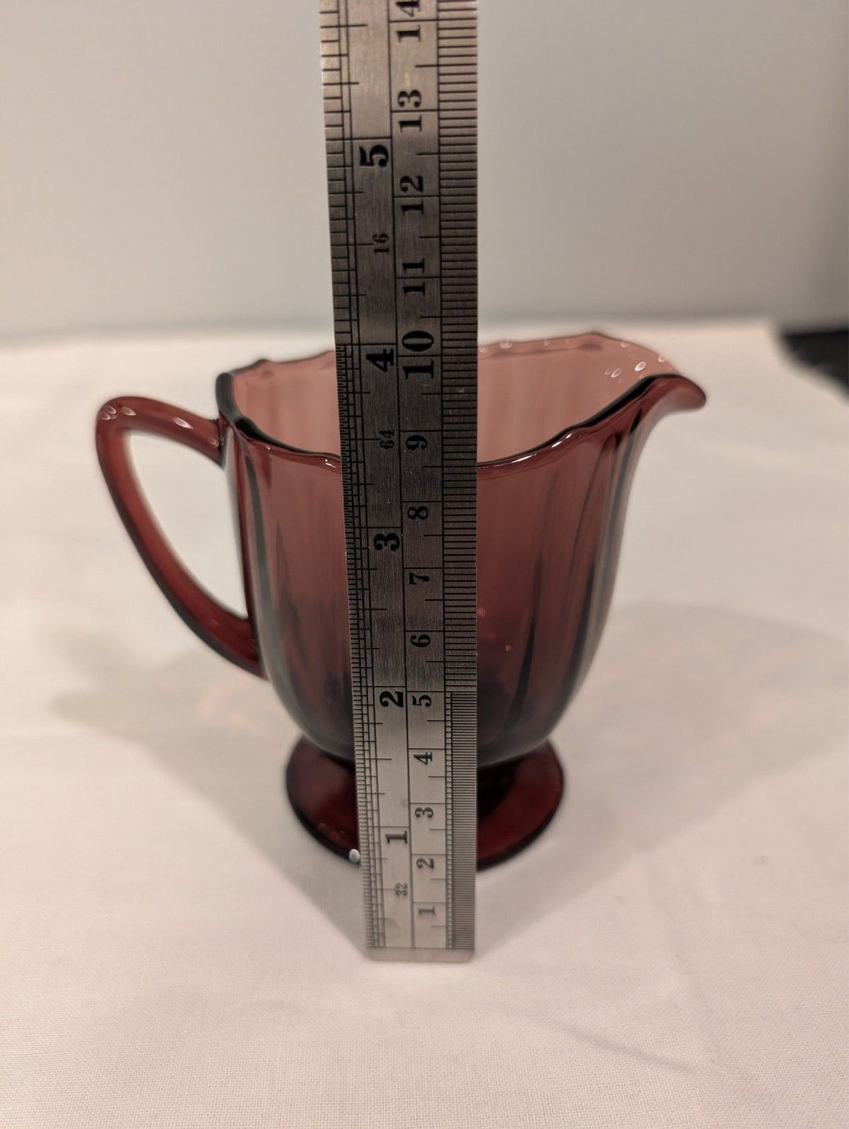 Vintage Amethyst Glass Sugar & Creamer Set — Scalloped Rim — Pedestal Base — MCM