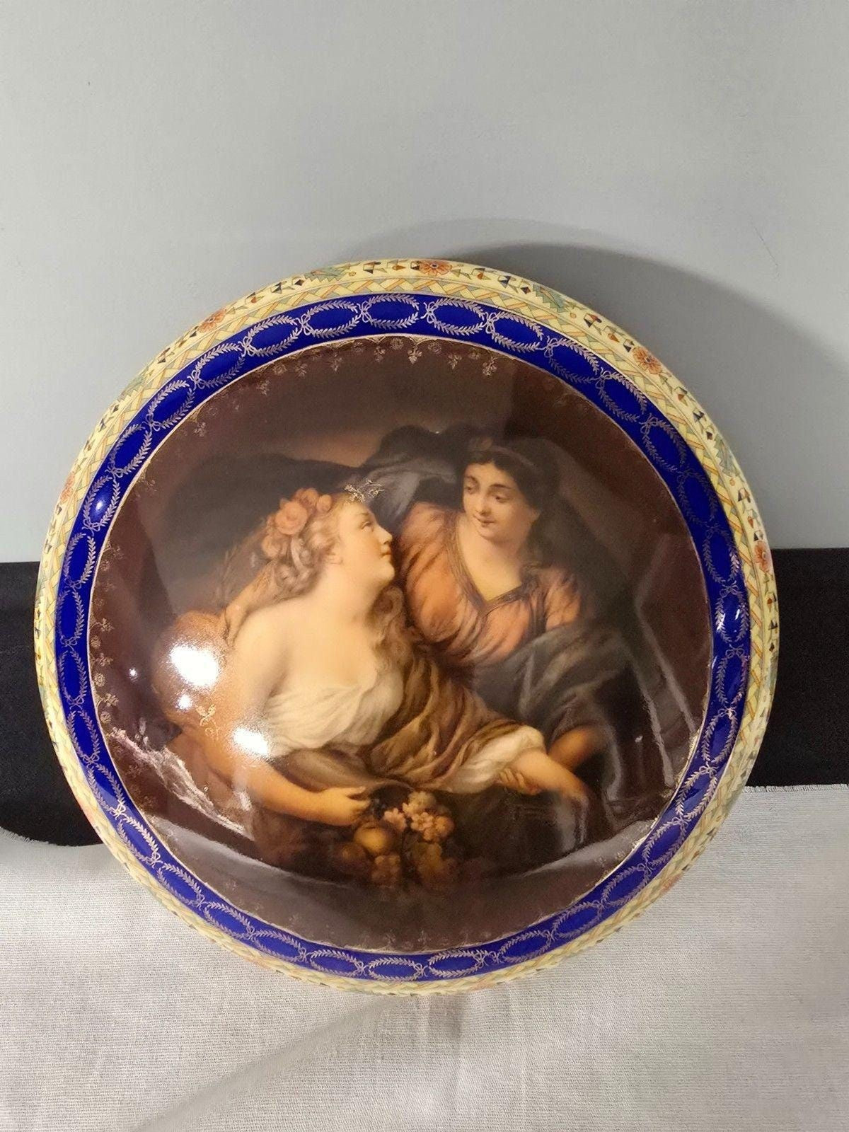 Vintage Carlsbad Fine Porcelain Dresser Box  Romantic Couple, Cobalt & Gilt