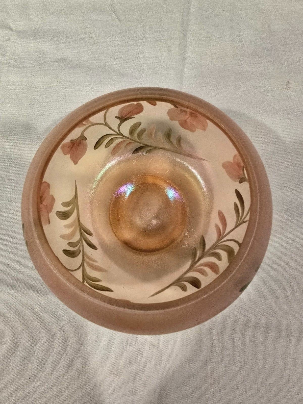 Fenton Hand-Painted Iridescent Glass Bowl – Signed “Handpainted by Sue Jackson”