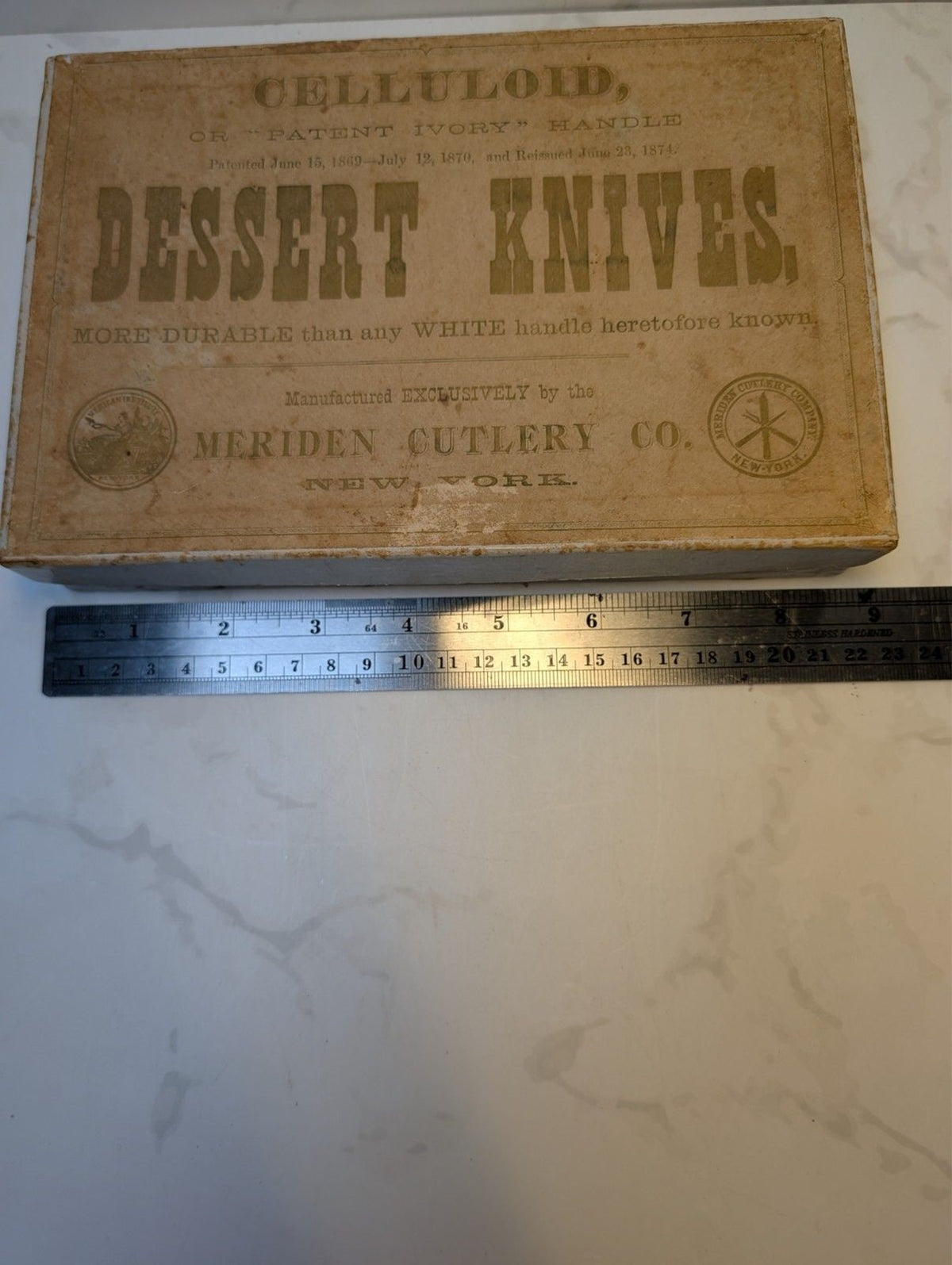 Antique Meriden Cutlery Celluloid Patent Ivory Dessert Knives Boxed 12