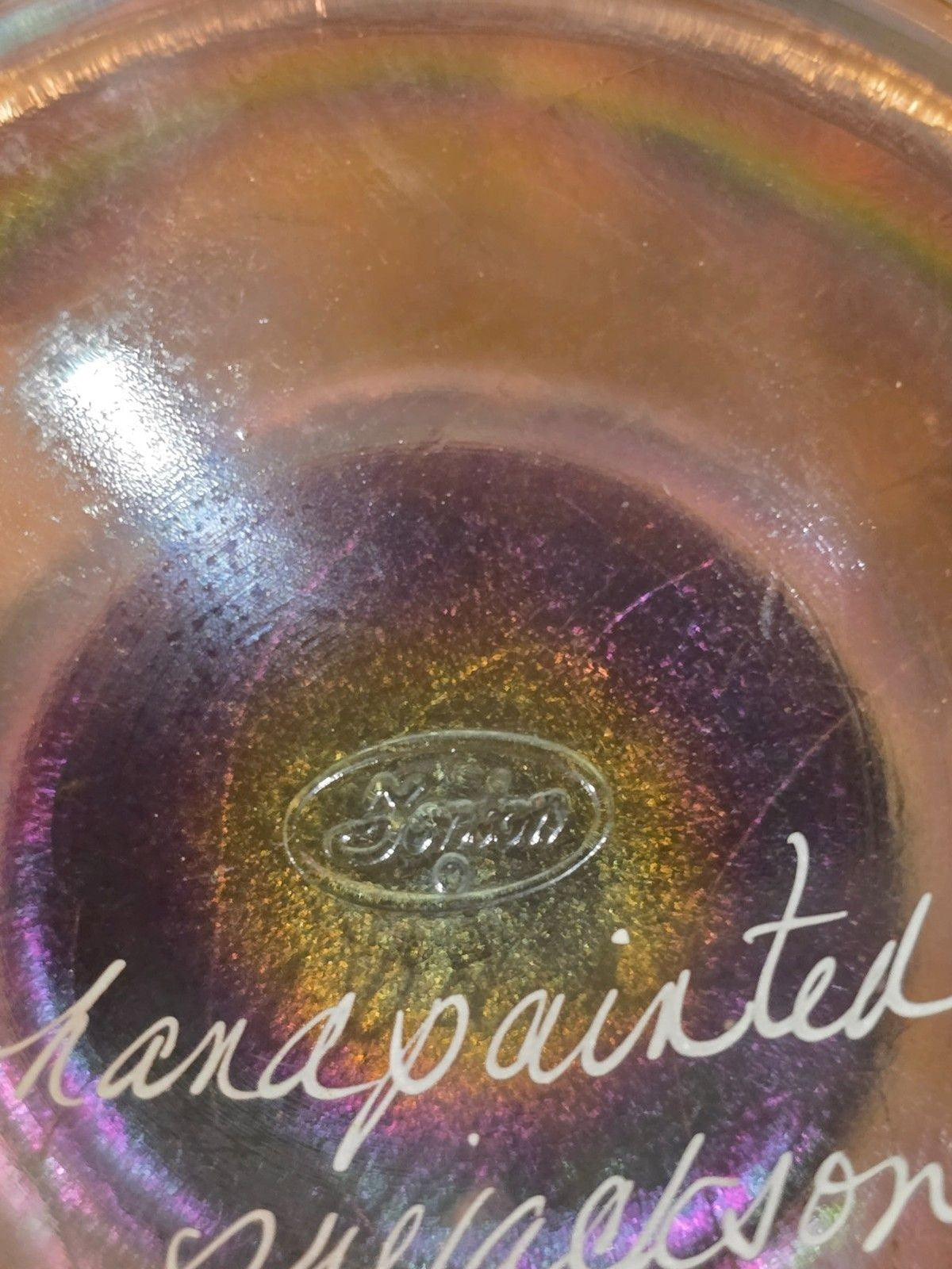 Fenton Hand-Painted Iridescent Glass Bowl – Signed “Handpainted by Sue Jackson”