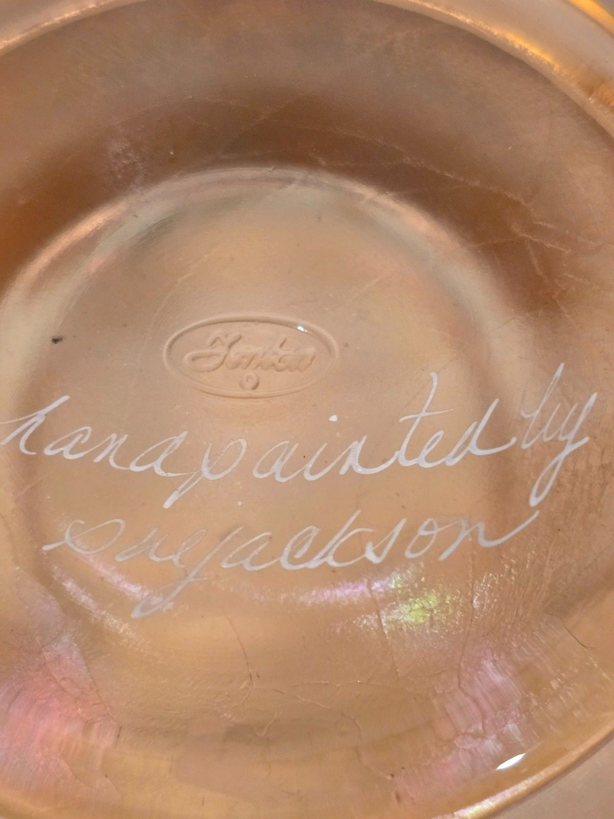 Fenton Hand-Painted Iridescent Glass Bowl – Signed “Handpainted by Sue Jackson”