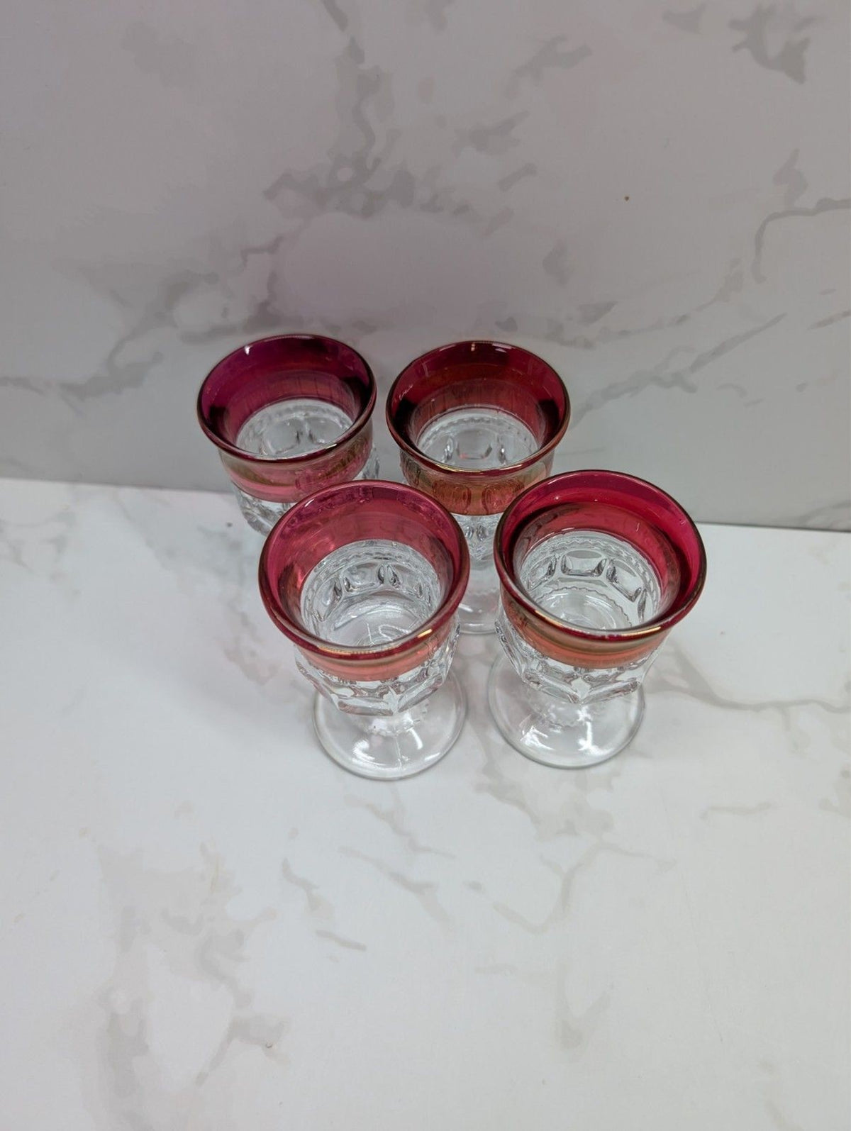 Tiffin King’s Crown Ruby Flash Wine Glasses Set of 4 Vintage Thumbprint Stemware