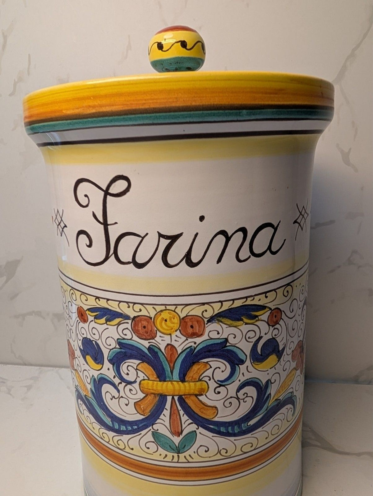 L'Antica Deruta Bellezza Farina Flour Canister w Lid Italian Majolica 10"
