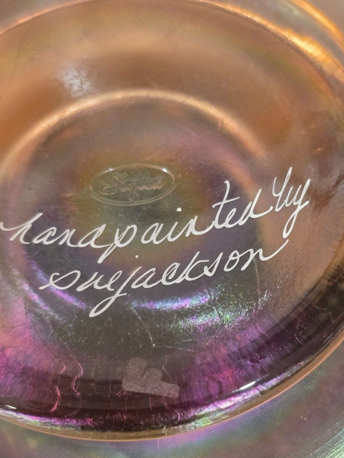 Fenton Hand-Painted Iridescent Glass Bowl – Signed “Handpainted by Sue Jackson”