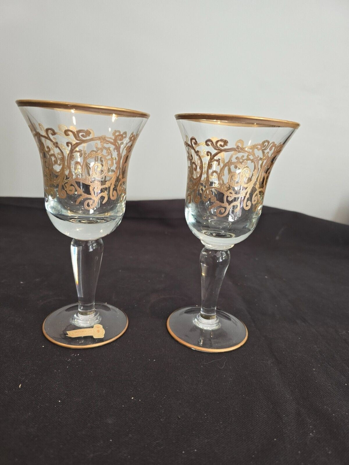 SET of 2 Interglass Italy Clear & Hand Painted 24K Gold Water/Wine Glasses