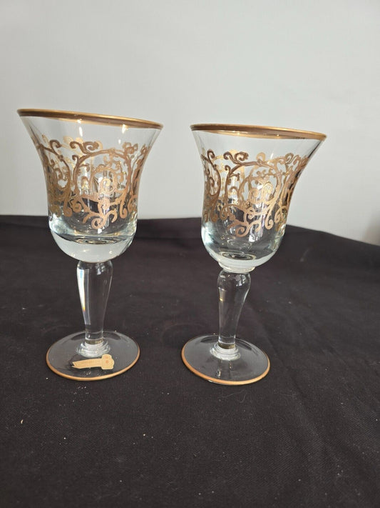 SET of 2 Interglass Italy Clear & Hand Painted 24K Gold Water/Wine Glasses