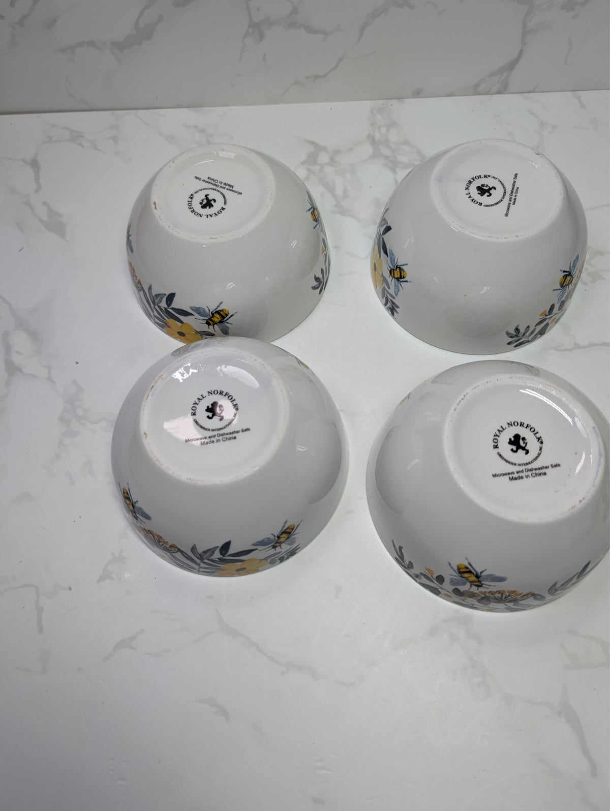 Royal Norfolk Bee Floral Cereal Bowls Set of 4 New Yellow Flowers 5.5"