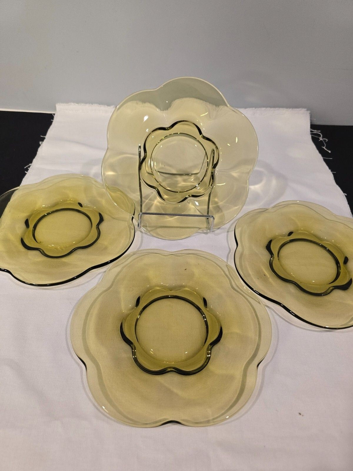 set of 4 Duncan & Miller Canterbury Chartreuse Salad Plates – Uranium Glass MCM