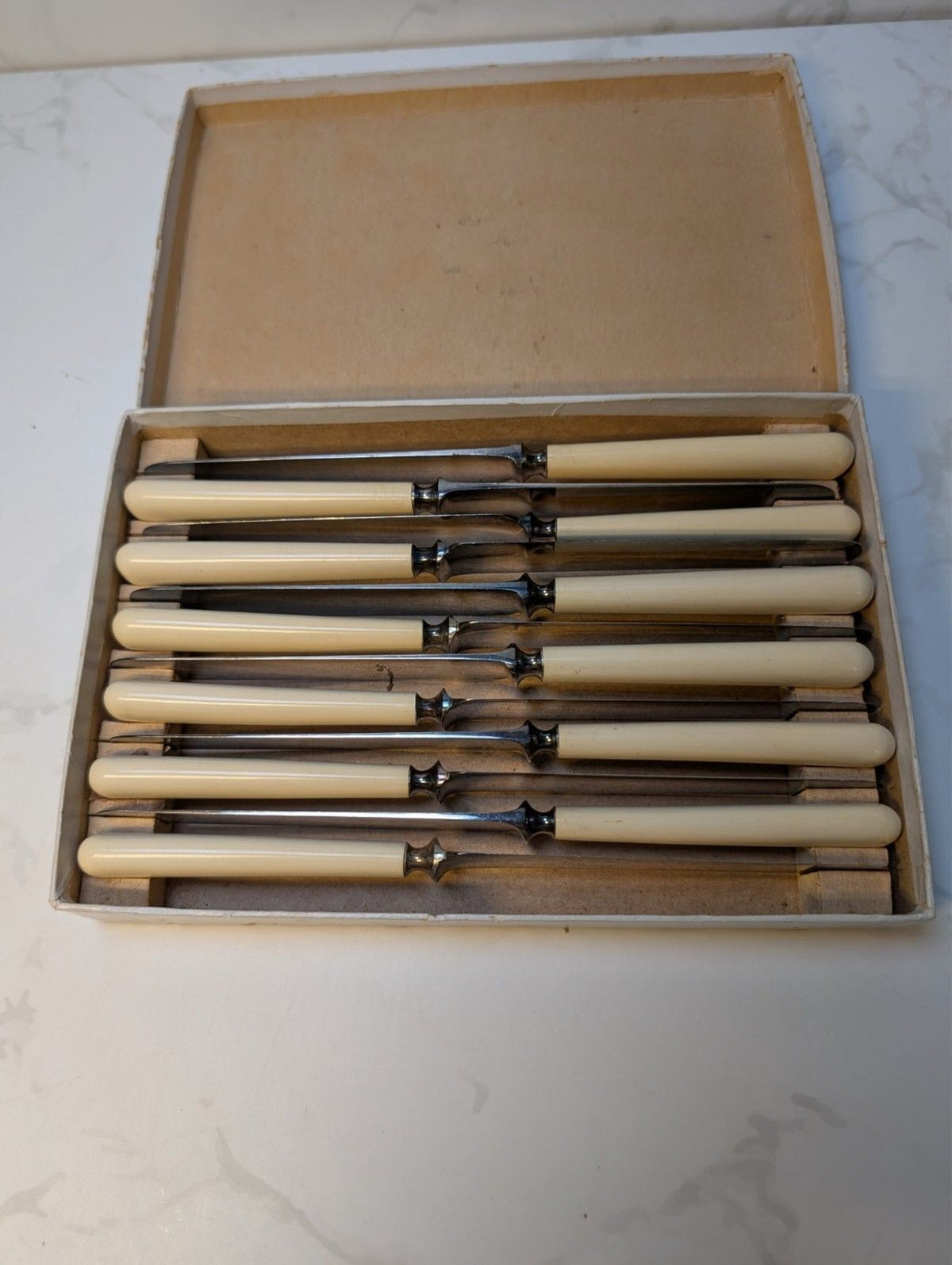 Antique Meriden Cutlery Celluloid Patent Ivory Dessert Knives Boxed 12