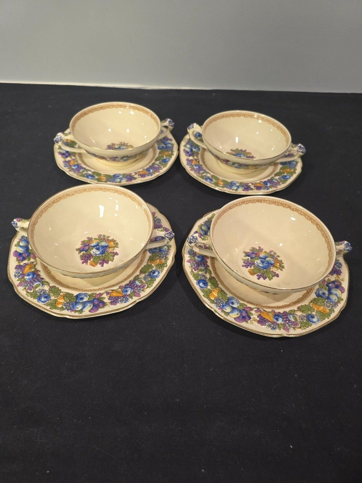 Crown Ducal "Florentine" Cream Soup Bowls with Underplates – Set of 4
