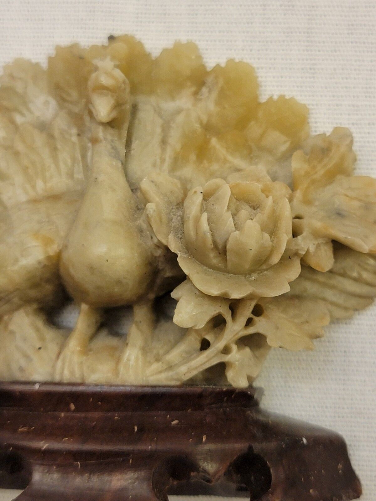 Vintage Chinese Intricate Carved Peacock an Flower  Soapstone Figurine