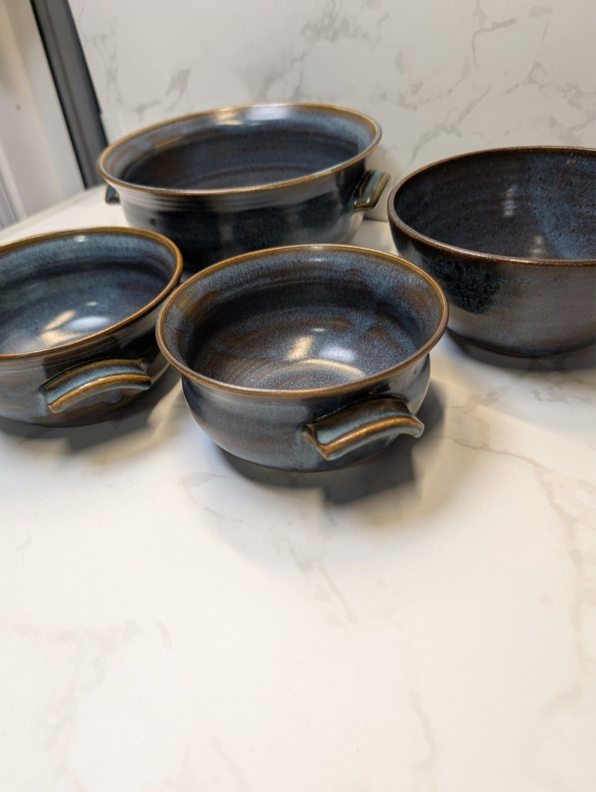 Signed B. Long Studio Pottery Blue Gray 5pc Set Hand Thrown Soup & Serving Bowls