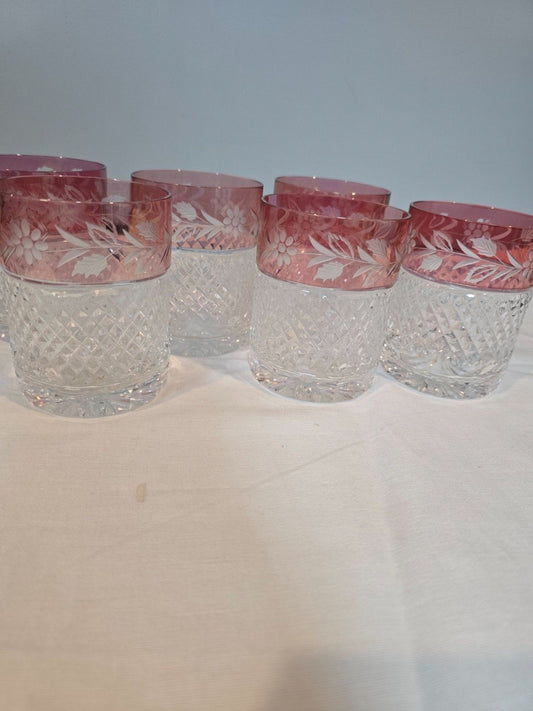 Set of 6 Vintage Etched Glass Tumblers – Pink Stain Band with Floral Motif
