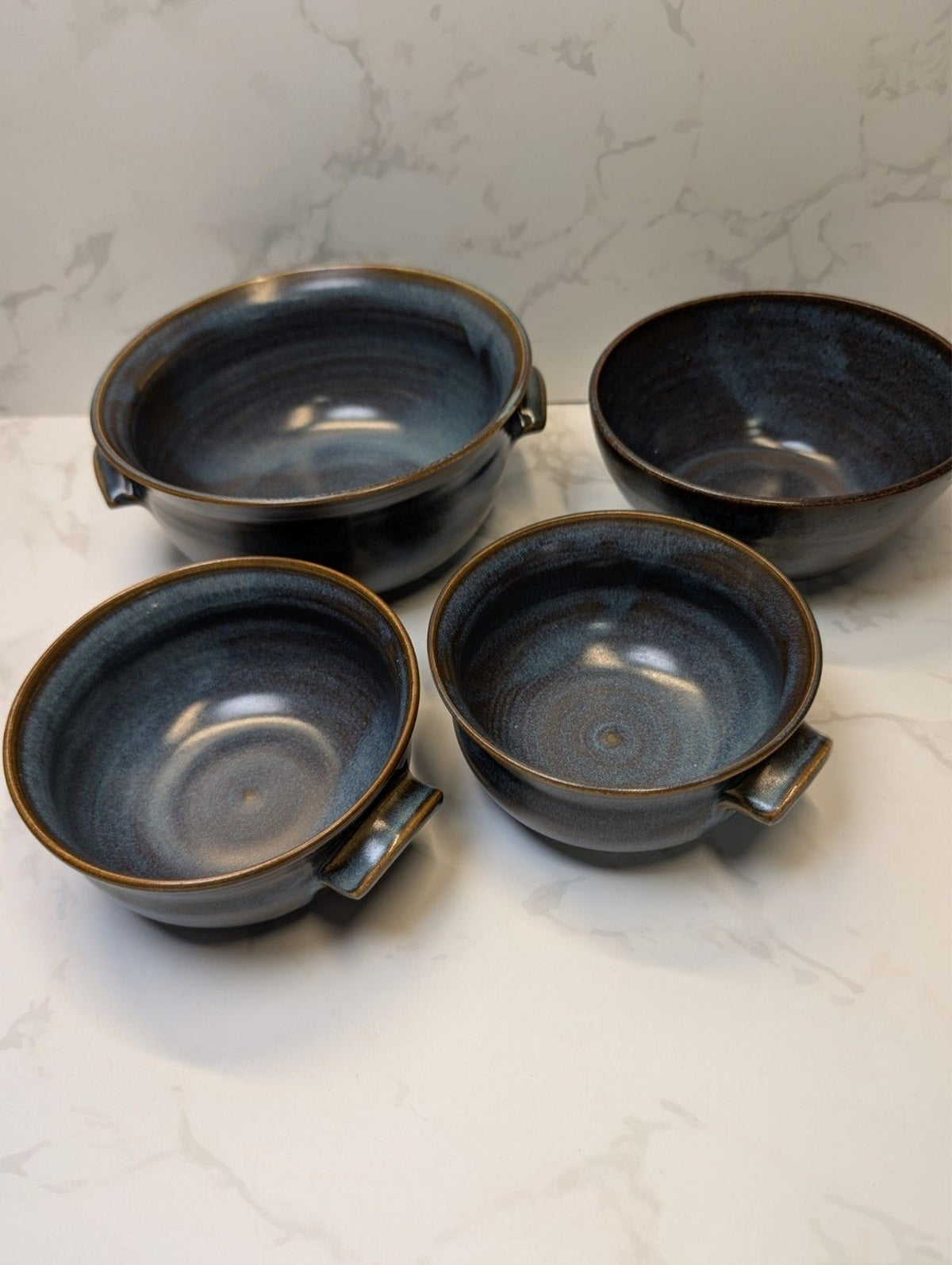 Signed B. Long Studio Pottery Blue Gray 5pc Set Hand Thrown Soup & Serving Bowls