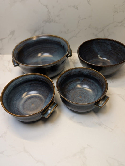 Signed B. Long Studio Pottery Blue Gray 5pc Set Hand Thrown Soup & Serving Bowls
