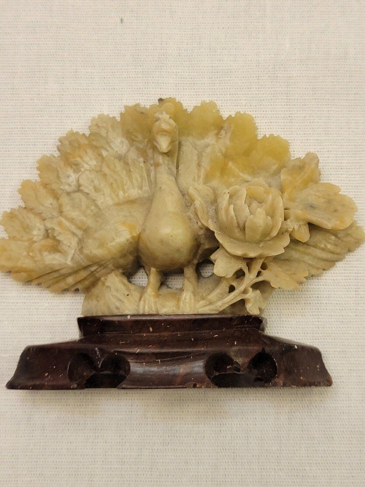Vintage Chinese Intricate Carved Peacock an Flower  Soapstone Figurine