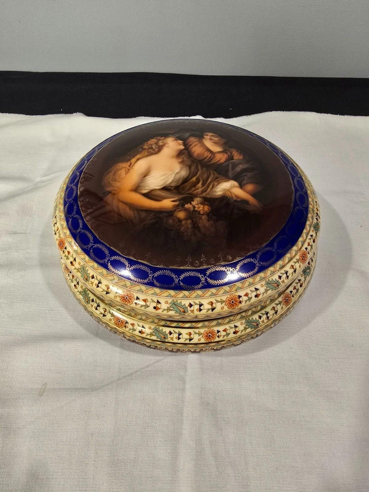 Vintage Carlsbad Fine Porcelain Dresser Box  Romantic Couple, Cobalt & Gilt