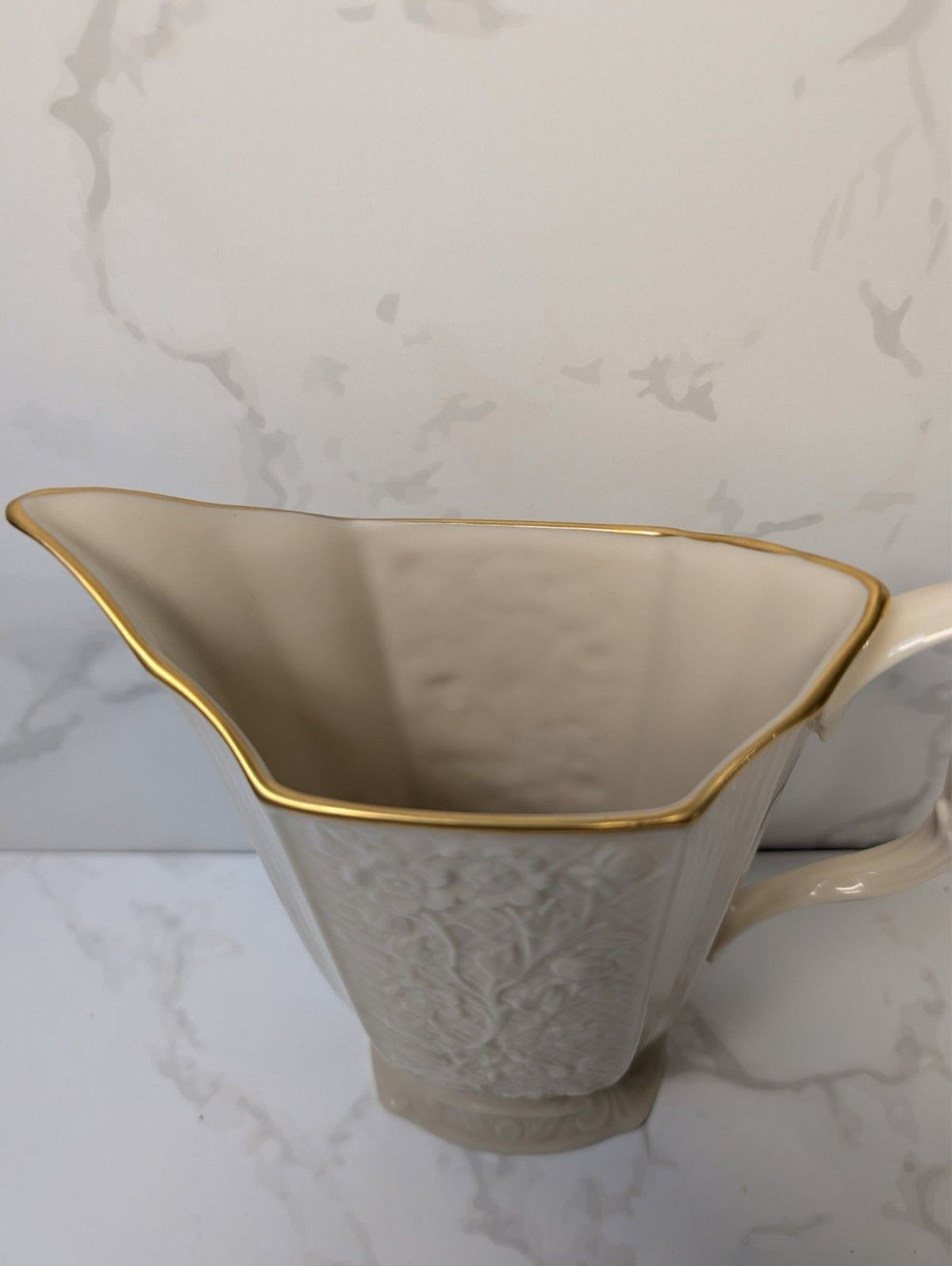Lenox Ivory Gold Trim Small Pitcher 24 Oz USA Embossed Leaf Pattern