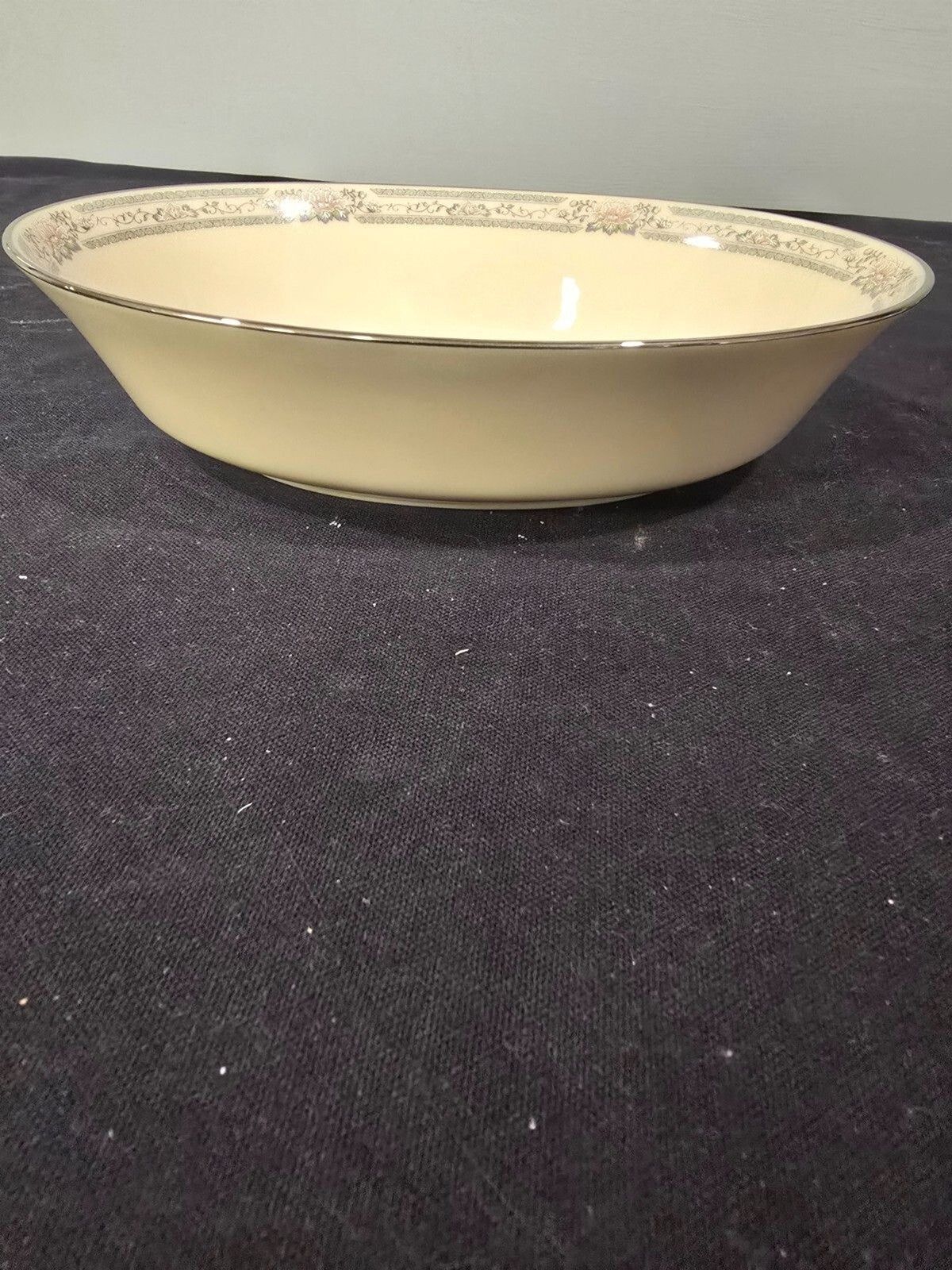 Lenox Charleston 9.5" Oval Vegetable Serving Bowl Gray/Pink Floral Rim New