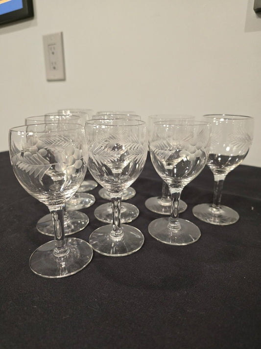 Ten Rossini Blown Etched Glass Portugal Cordial Genuine Crystal Stemware