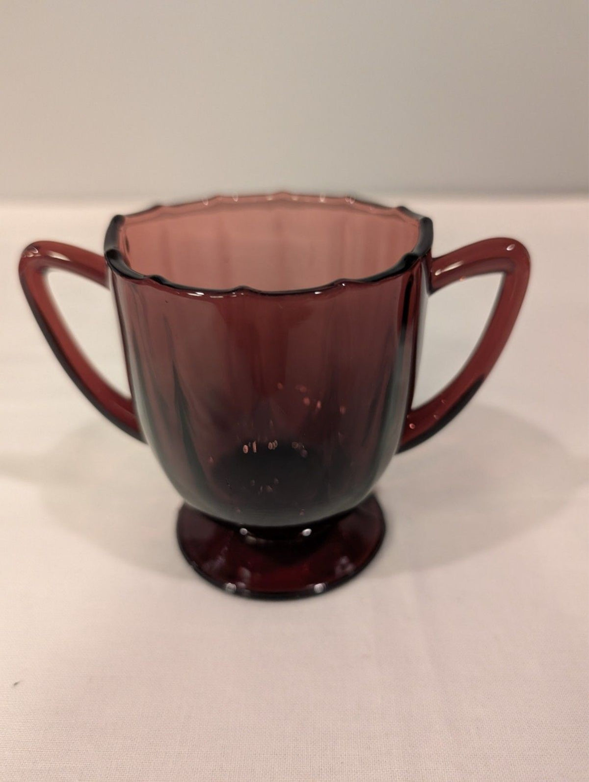 Vintage Amethyst Glass Sugar & Creamer Set — Scalloped Rim — Pedestal Base — MCM