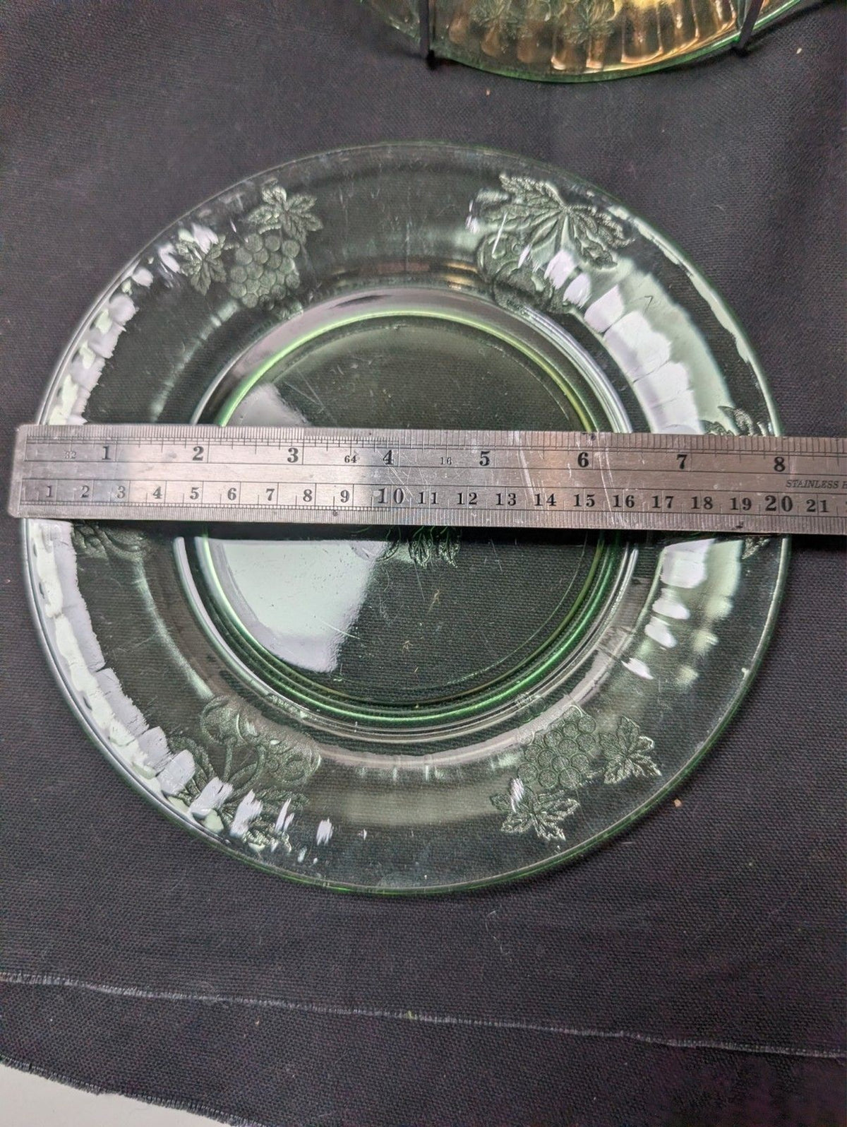 Set 2 Hazel Atlas Fruits Uranium Green Depression Glass Salad Plates 8 Inch