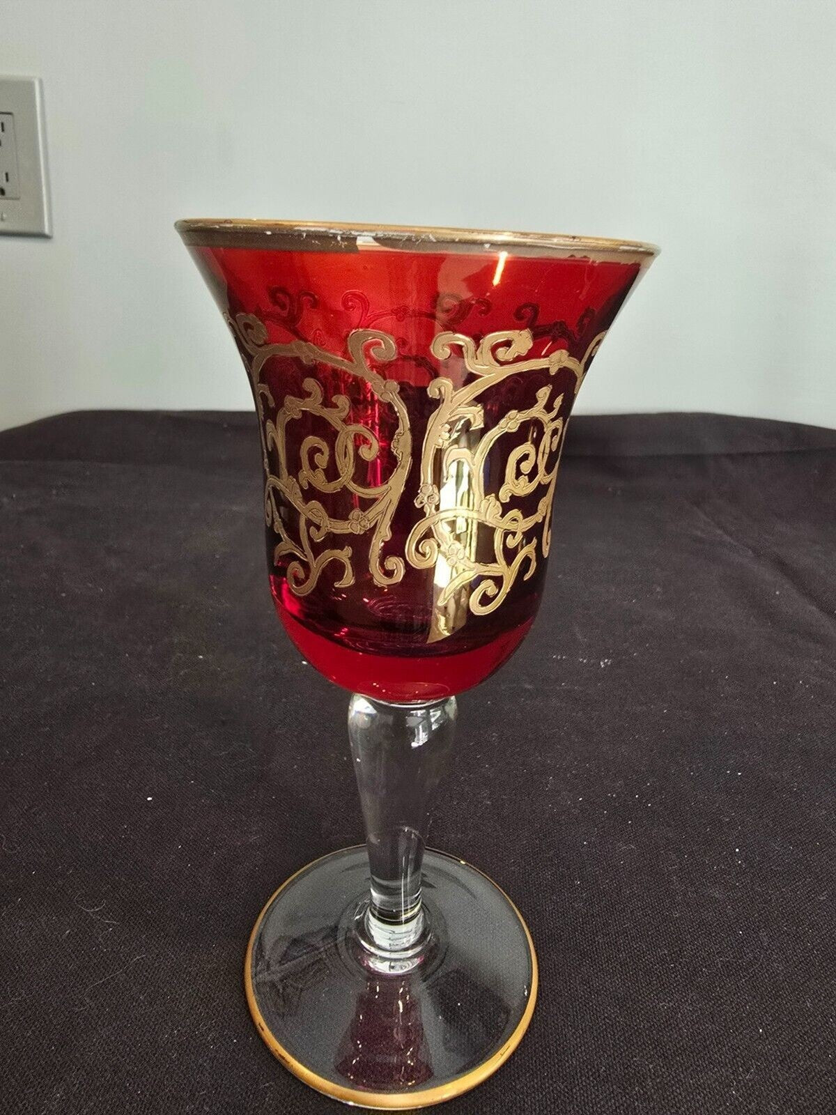 SET of 2 Interglass Italy Red & Hand Painted 24K Gold Water/Wine Glasses