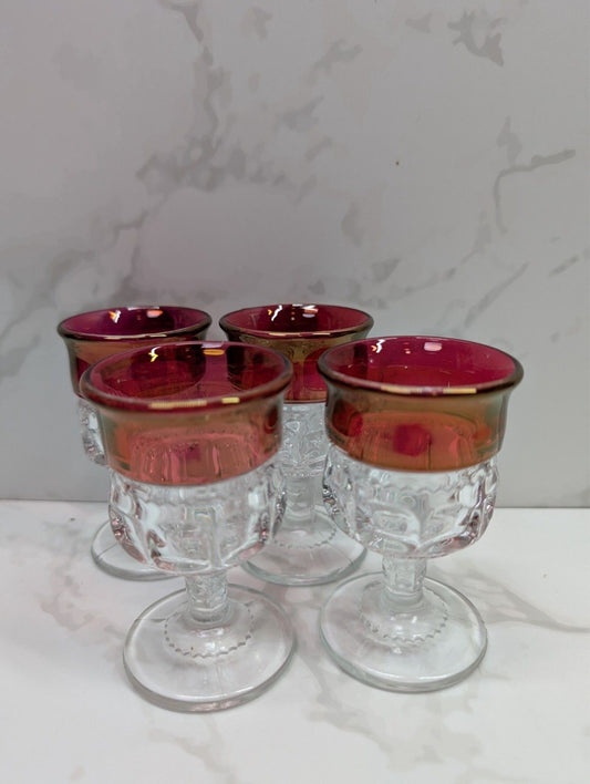 Tiffin King’s Crown Ruby Flash Wine Glasses Set of 4 Vintage Thumbprint Stemware